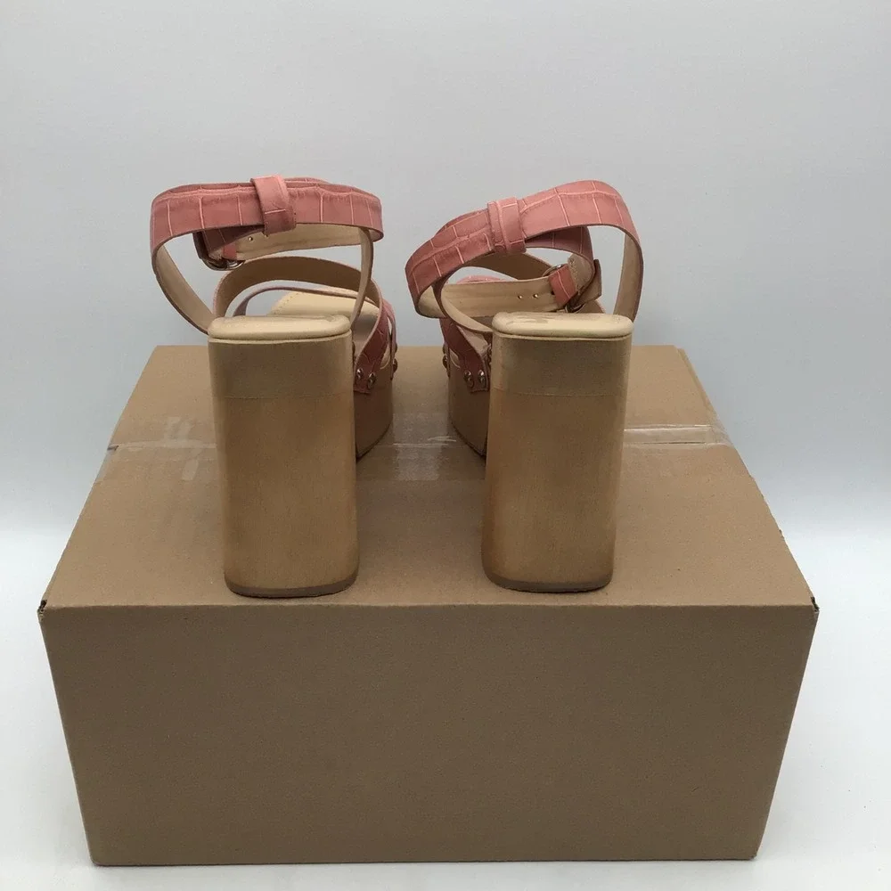 Sam Edelman Rosalind Pink Croc Leather Platform Block Heel Sandals Size 7.5M NEW